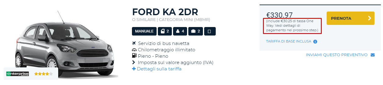 Il prezzo visualizzato include la tassa One Way