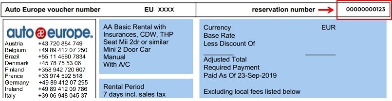 Numero di prenotazione del noleggio auto